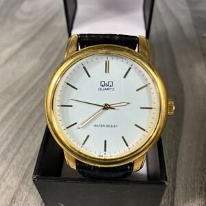 Q&Q Quartz Gold Tone Black Faux Leather Band White Face Watch 9 Inch